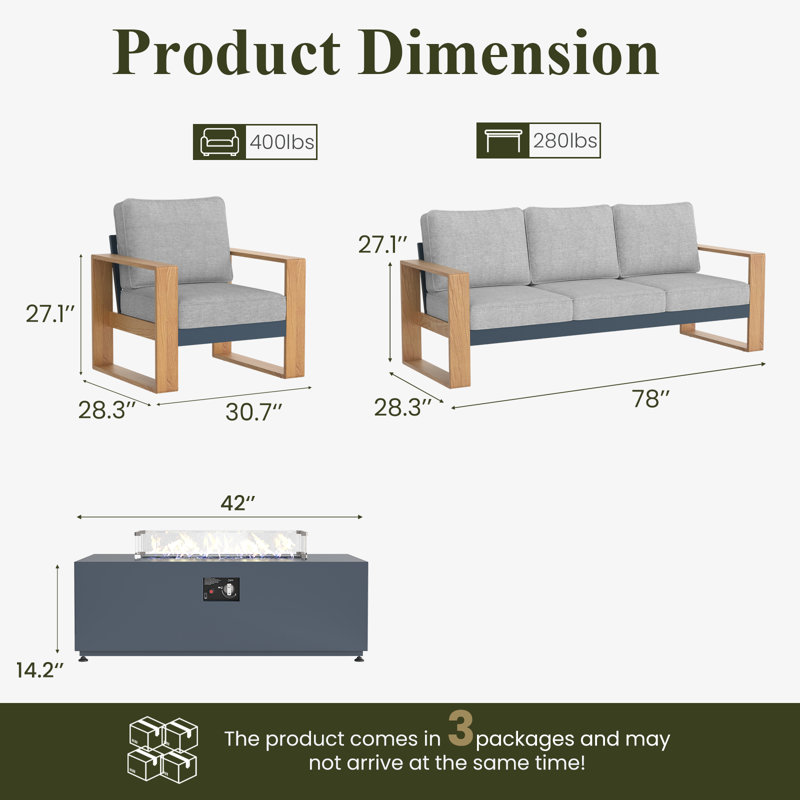  4 Pieces Aluminum Patio Furniture Set With Fire Pit Table, Oversized Seat With Hight Back Outdoor Conversation Sets