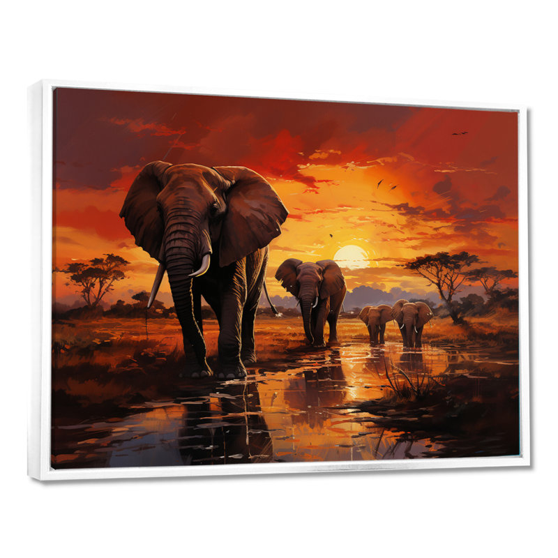 Photographie d'un éléphant d'Afrique au coucher du soleil II - Éléphant, reproduction sur toile encadrée