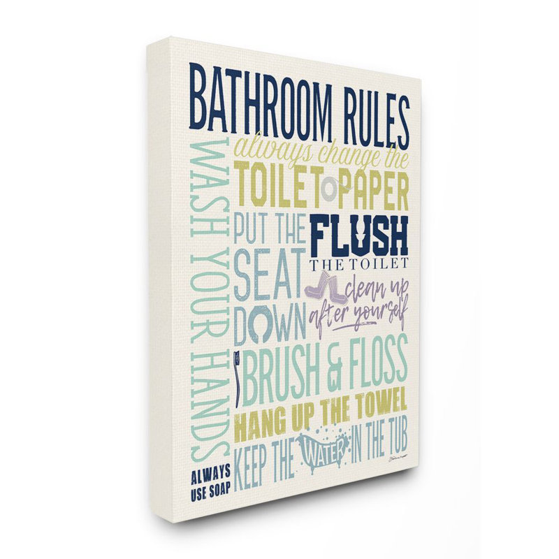 «Bathroom Rules Aqua Blue Green and Mauve Colorful» par Stephanie Workman Marrott - impression d'art textuel, Toile tendue