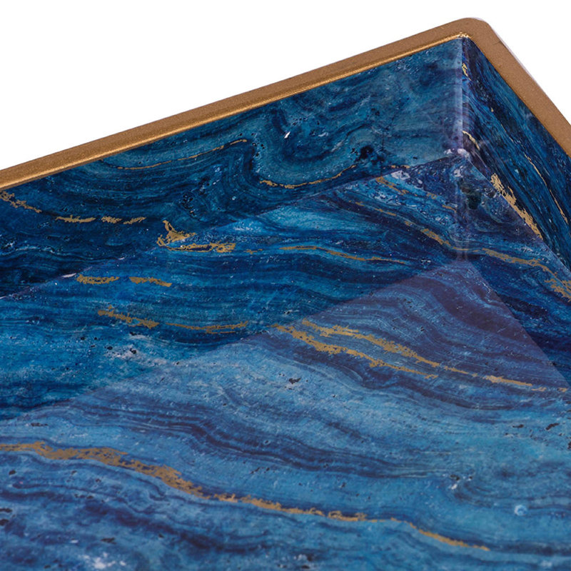 Decorative Serving Tray Set Of 2, Cutout Handles, Blue Gold Faux Marble