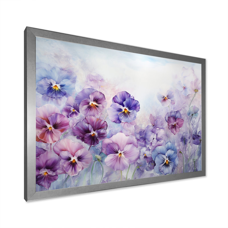 Pensées mauves en fleurs - impression, Cadre simple argenté, H 12 po x l 20 po x P 1 po