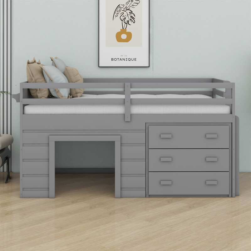 Lit mezzanine avec tiroirs et tablette, Gris