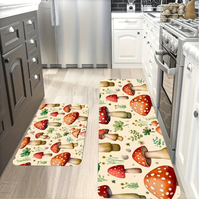 Ensemble de 2 tapis de cuisine Whimsical Mushroom pour salle de bain, rouge beige
