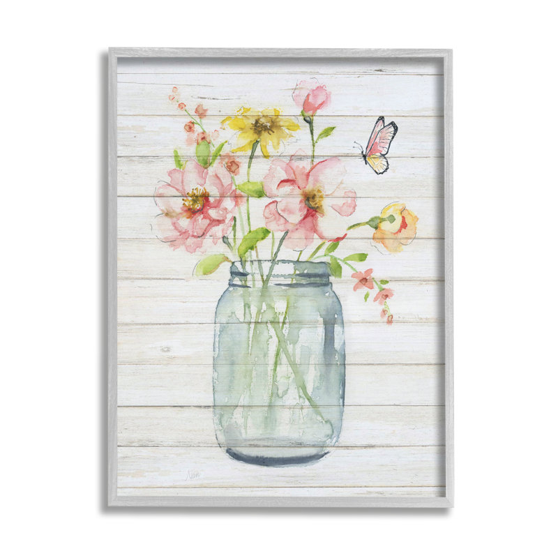 Spring Wild Flower Assortment Country Mason Jar Butterfly Grey Farmhouse, rustique, giclée, art texturé par Nan