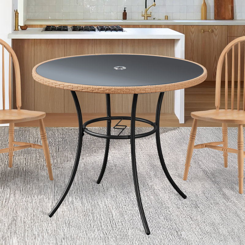 35'' Outdoor Dining Table For 4 People, Round Wicker Patio Side Table With Tempered Glass Tabletop & Durable Iron Frame, All-weather For Patio, Balcony, Poolside, Black
