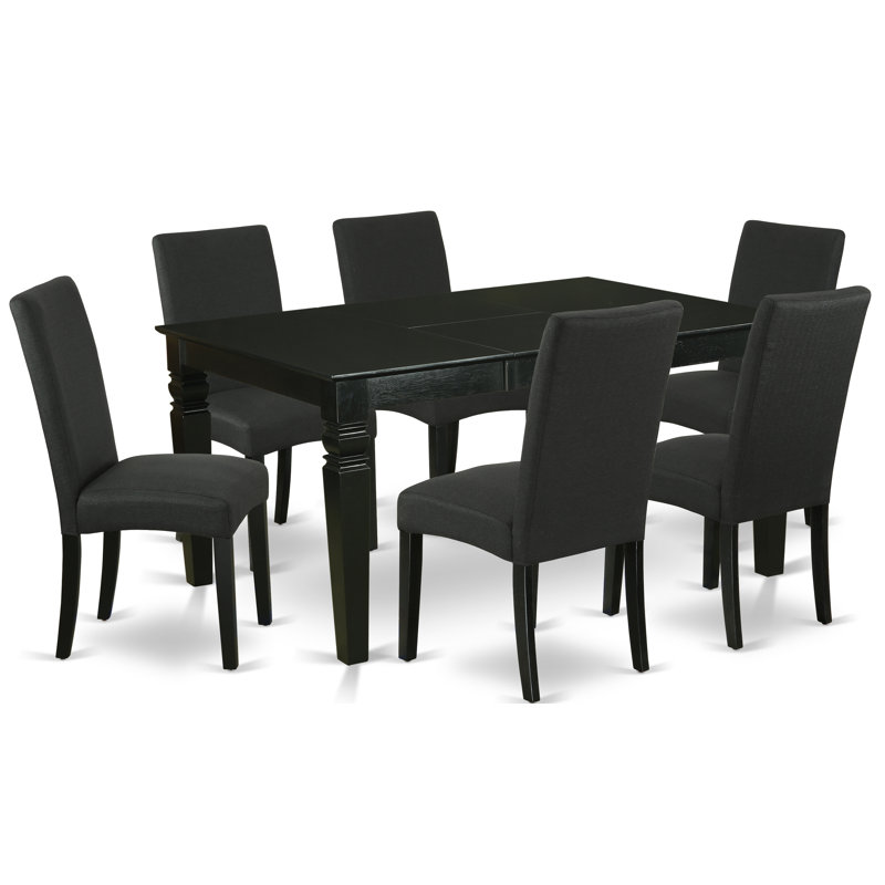 Ensemble de salle à manger 7 pièces composé d'une table de salle à manger rectangulaire avec feuille papillon et 6 chaises rembourrées en tissu de couleur noire, noir