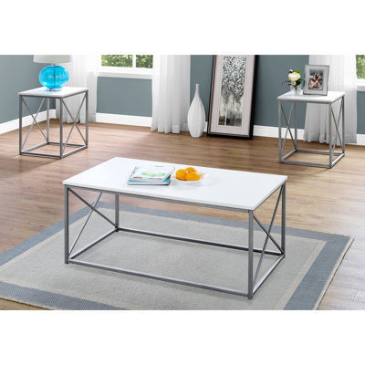 Contemporary Living Room Table Arrangement: 3Pcs. Coffee, End, Side Tables. White Laminate, Grey Metal. Fashionable Look. Build. 42.14X22x17.77 & 18X18x22 Inches 3 For Home Decor - End Tables Metal