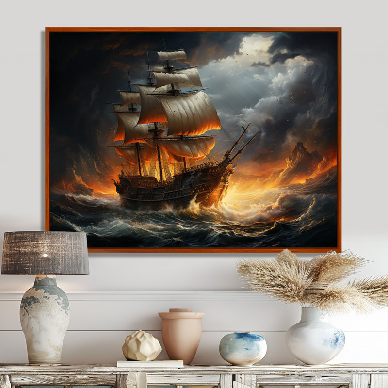«Stormy Seas», art mural pirate, H 12 po x l 20 po x P 1 po, Cadre flottant brun