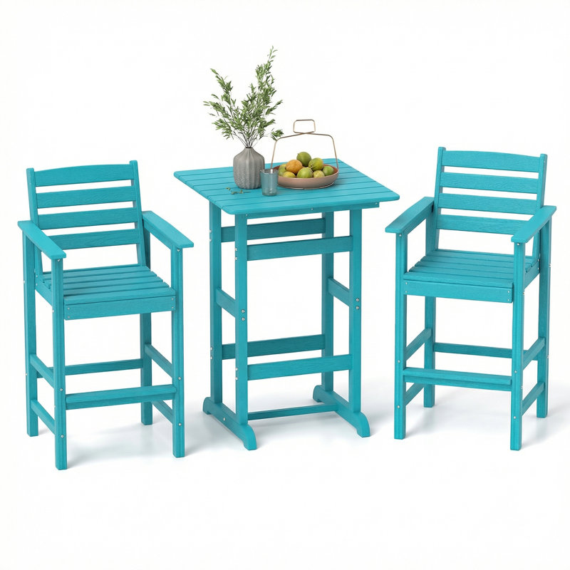 Ensemble de bar de patio en PEHD 3 pièces avec table carrée, plateau et repose-pieds pour véranda turquoise