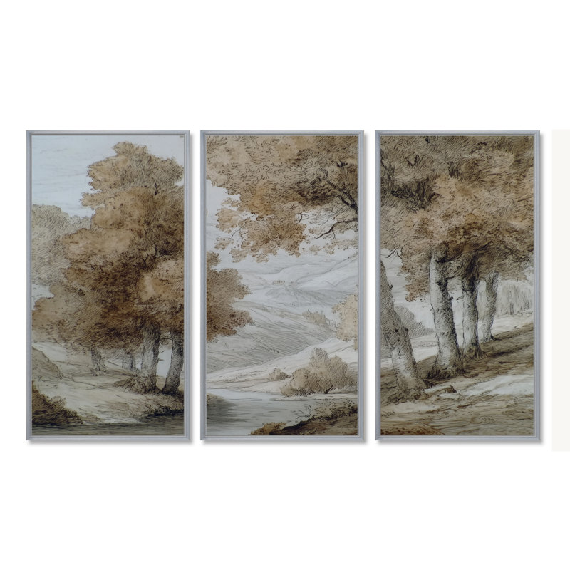 Maple Trees On The English Countryside  - Countryside Wall Art Set, 40" H x 60" W, Silver, Floater Framed Print