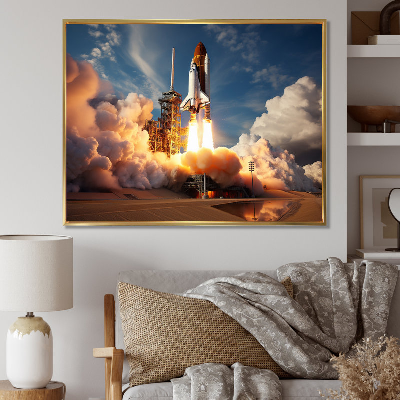 " Space Shuttle Launch II ", 16" H x 32" W x 1" D, Gold Floater Framed