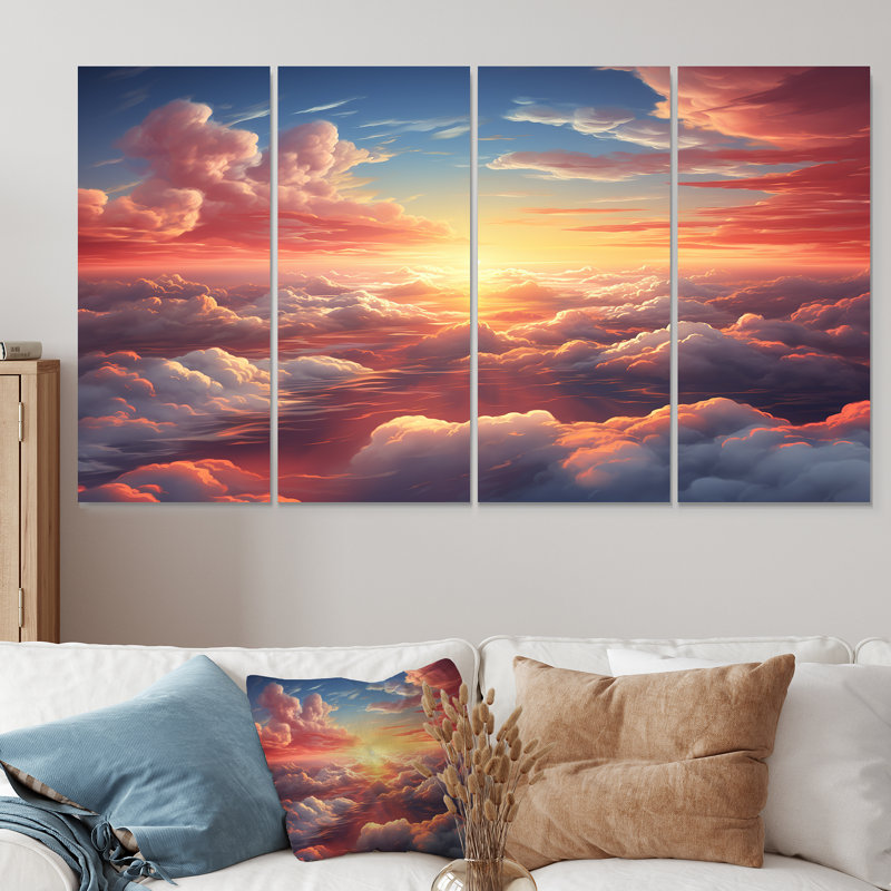 «Yellow and Pink Sunset In The Sky I - Sky», art mural 4 pièces, H 32 po x l 64 po