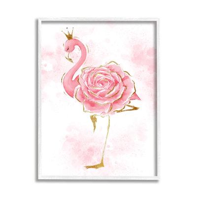 Glam Flamingo rose, éclaboussures de roses, couronne royale, ferme grise, estampe numérique encadrée, art texturé par Ziwei Li
