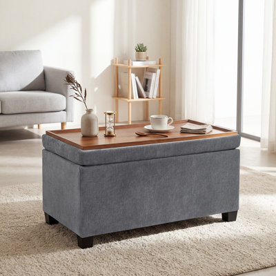 30" W Upholstered Rectangle Storage Ottoman Bench With Tray