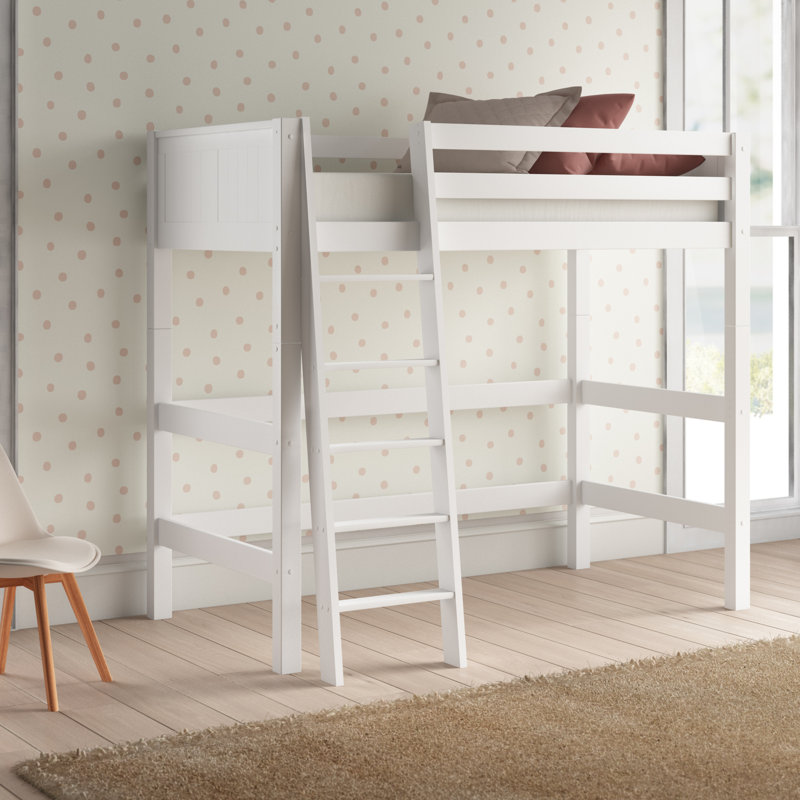 Burkley Kids Twin Solid Wood Loft Bed with Built-in Ladder, White