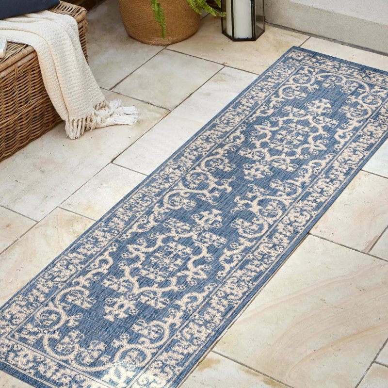 Galon Filigree Blue/Beige Indoor/Outdoor Rug, Runner 2'2" x 10'