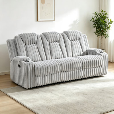 Light Gray Ultra-Soft Corduroy 3-Piece Sofa Set With Recliner And Cup Holders — A Living Room Essential For Lounging.
