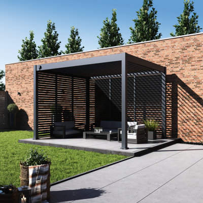 Grand Tuscan 10'x12' Aluminum Louvered Pergola w/ 12' and 10' Horizontal Fixed Deco Sidewall