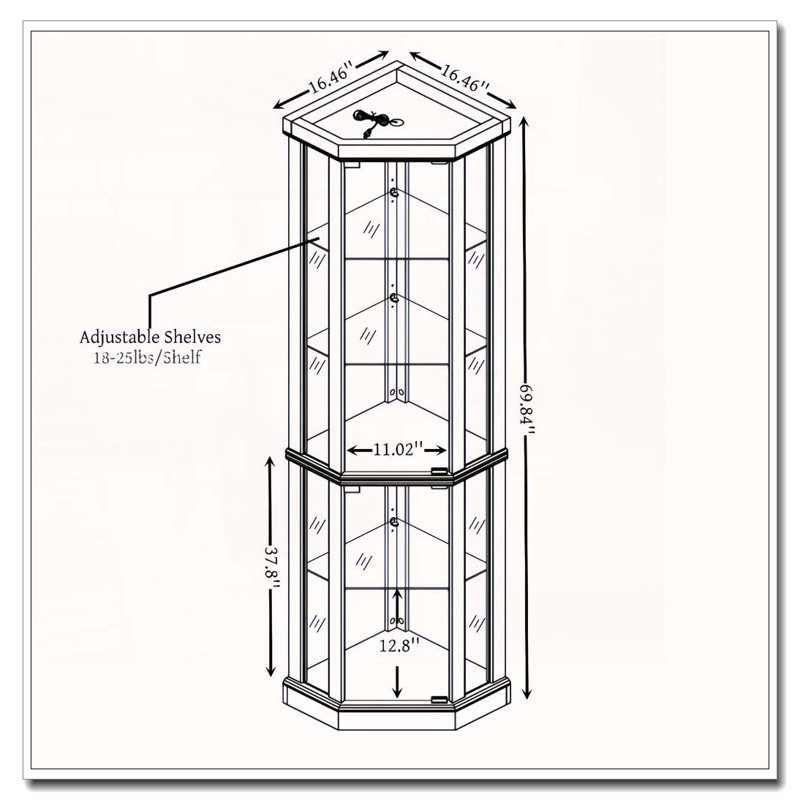 Vitrine de coin lumineuse avec portes et tablettes en verre trempé, Chêne