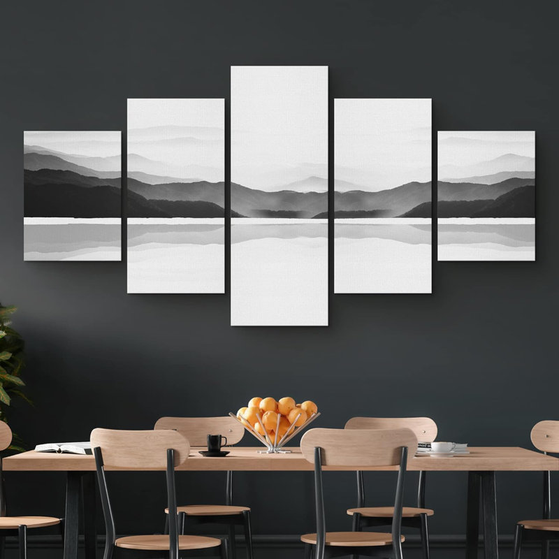 Abstract Landscape " Black White Grayscale Mountain Range Valley Lake View " 5 - Pieces