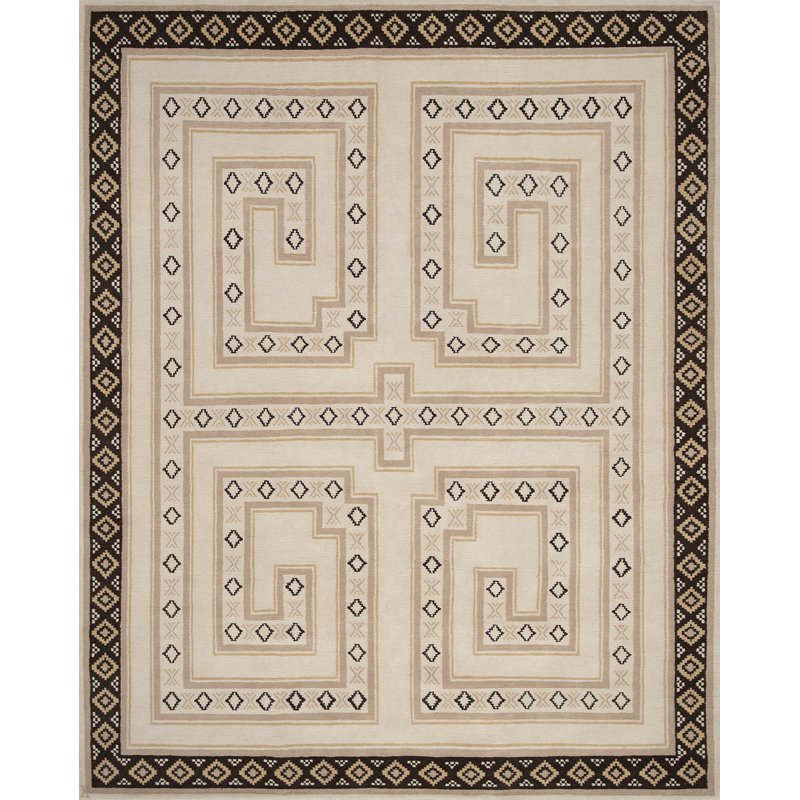 Mesa Hand Knotted Wool Geometric Shapes Area Rug in Black/Cream/Brown, Rectangle 10' x 14'