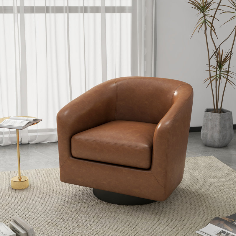 Bennett 73.1 Cm Wide Swivel Barrel Chair, Brown Faux Leather