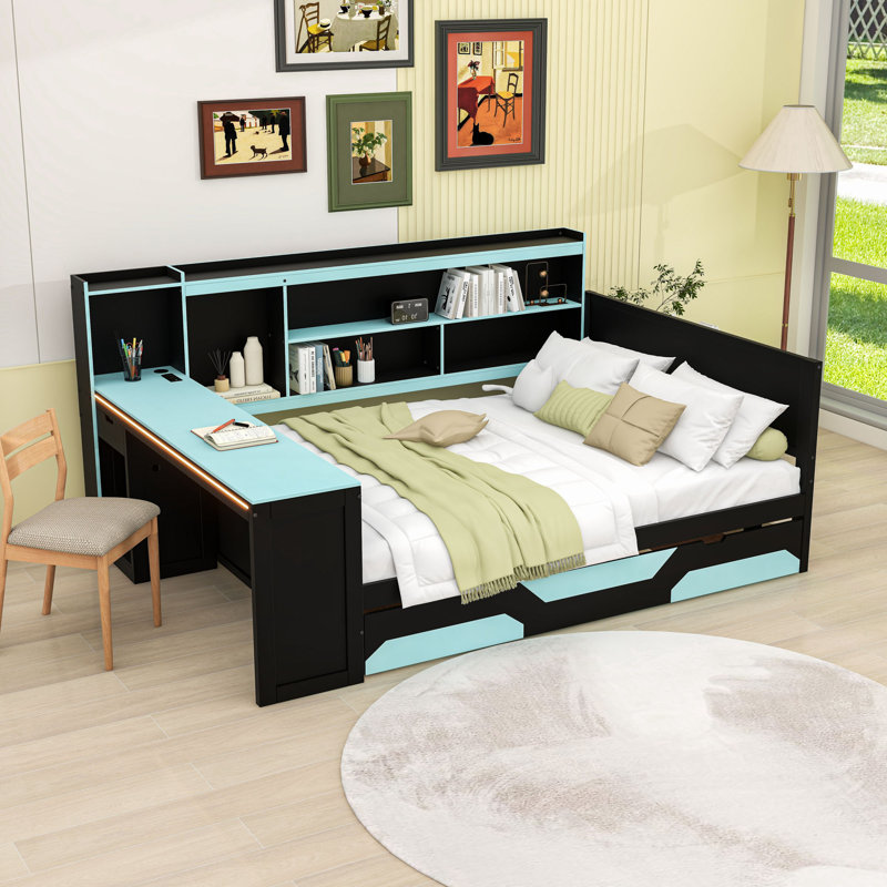 Lit de jour de jeu intégré avec bureau intégré, éclairage d'ambiance et tiroirs de rangement, Grand lit, Noir / Bleu