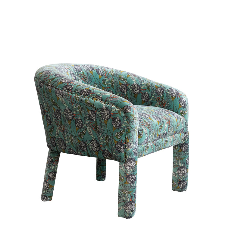 Cotton Velvet Upholstered Arm Chair With Botanical Print And Mango Wood Frame