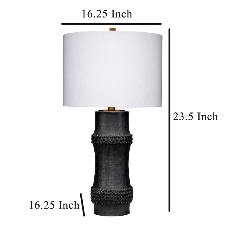 Mena 28 Inch Table Lamp, Round Drum Shade, Grid Pattern Base, Black/Brass