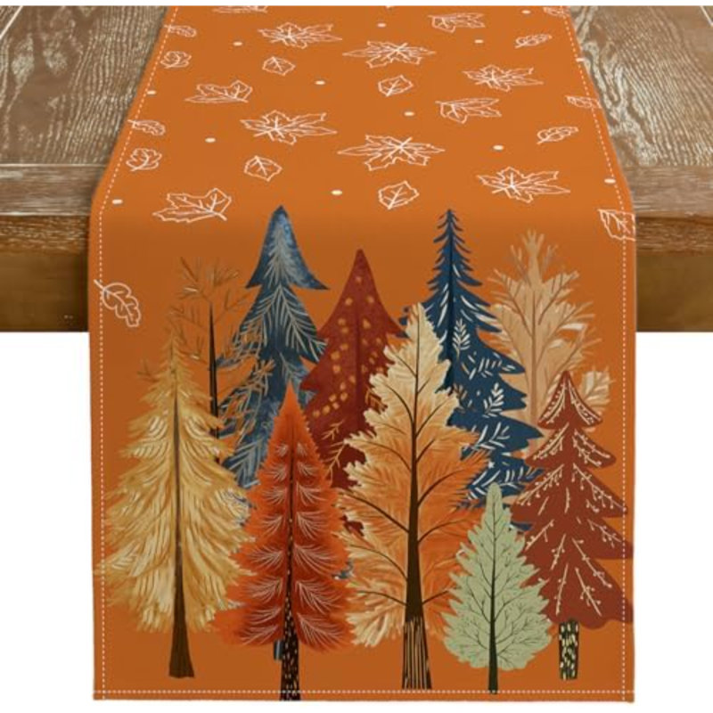 Chemin de table aquarelle automnale avec arbres et feuilles d'érable, 33 x 91 cm, style rustique, idéal pour la cuisine, la salle à manger ou les soupers de fêtes à l'intérieur/à l'extérieur (orange).