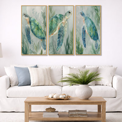 Green Grey Turtle Trails in Mexico – Sea Turtle Canvas Wall Art Print Set of 3