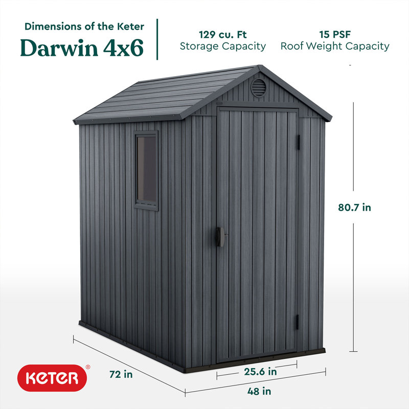Keter Darwin 4x6 ft. Resin Outdoor Storage Shed With Floor for Patio Furniture and Tools, Graphite