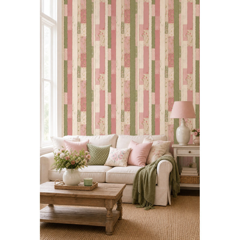 Papier peint rayé rose, vert sauge, décoration murale rétro, Non tissé, non collé