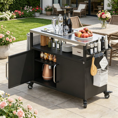 54.5" Outdoor Kitchen Island & BBQ Grill Cart with Stainless Steel Tabletop, Storage Cabinet and Locking Wheels