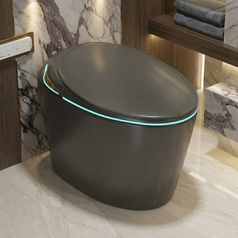 Smart Toilet with Bidet, Backup Battery, Auto Open/Close Lid, Heated Seat, Instant Warm Water, Foot Sensor Flush, Remote Control, LED Display, Grey