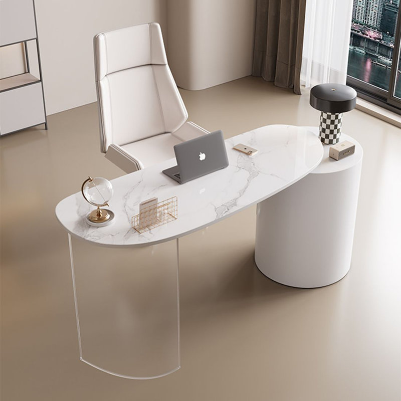 Bureaux blancs ovales en pierre, Left Hand Return, H 29,53 po x l 70,87 po x P 27,56 po