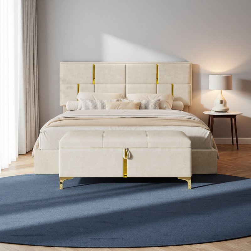 Ensemble de chambre à coucher 2 pièces, lit plateforme tapissier grand avec système de rangement hydraulique, repose-pieds avec pieds en métal