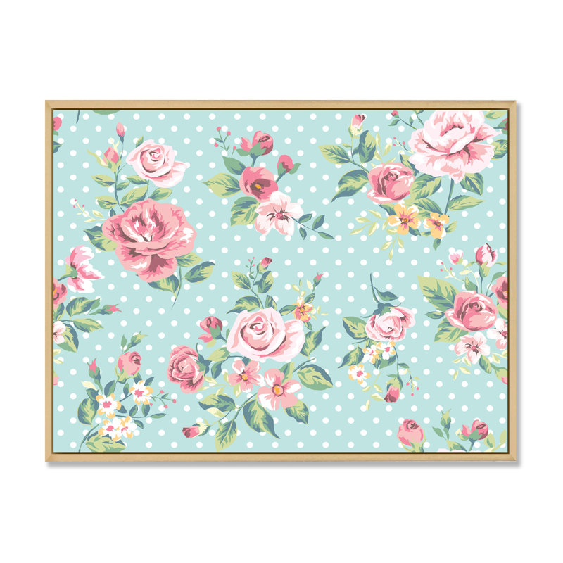Roses roses rétro sur fond bleu clair - reproduction sur toile, Cadre flottant en érable, H 24 po x l 32 po