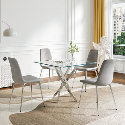 Square Glass Dining Table Set for 4, 36" Tempered Glass Top and 4 Velvet Upholstered Dining Chairs
