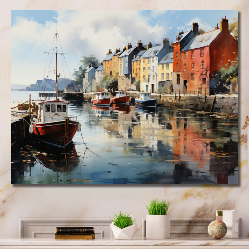 «Ireland Peaceful Harbor Villagean», art mural Irlande, H 24 po x l 32 po, Toile tendue