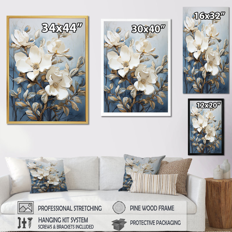 Art mural bleu et blanc peint Magnolias, Cadre simple blanc, H 44 po x l 34 po x P 1,5 po