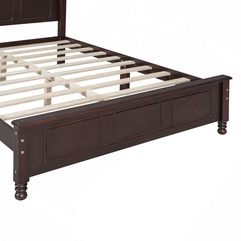 Structure de lit double en bois pleine grandeur, lit plateforme de style rétro avec support en lattes de bois, Noyer