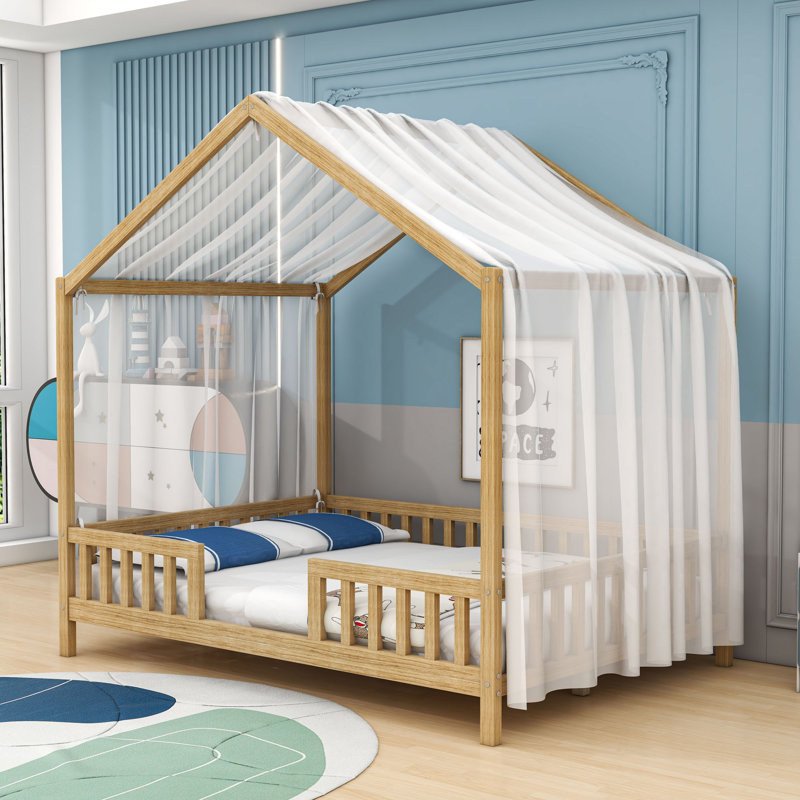 House Bed With Slats And Safety Railings, Natural, Full