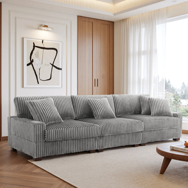 3 - Piece Upholstered Light Gray Faux Rabbit Fur Flannel Modular Sectional Sofa with Armrests & Throw Pillows, Light Gray