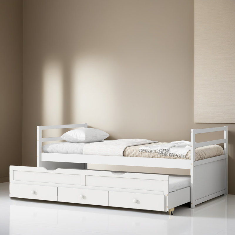 Lit simple avec lit gigogne et tiroirs de rangement, Blanc
