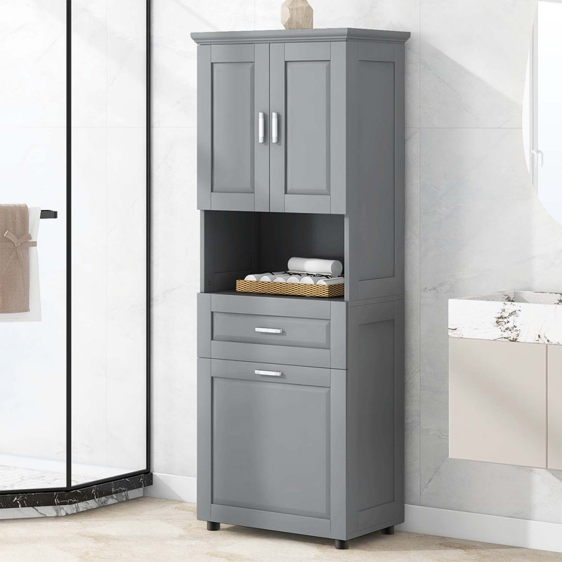 Large Storage Space Tilt-Out Laundry Hamper and Upper Storage Cabinet, Grey
