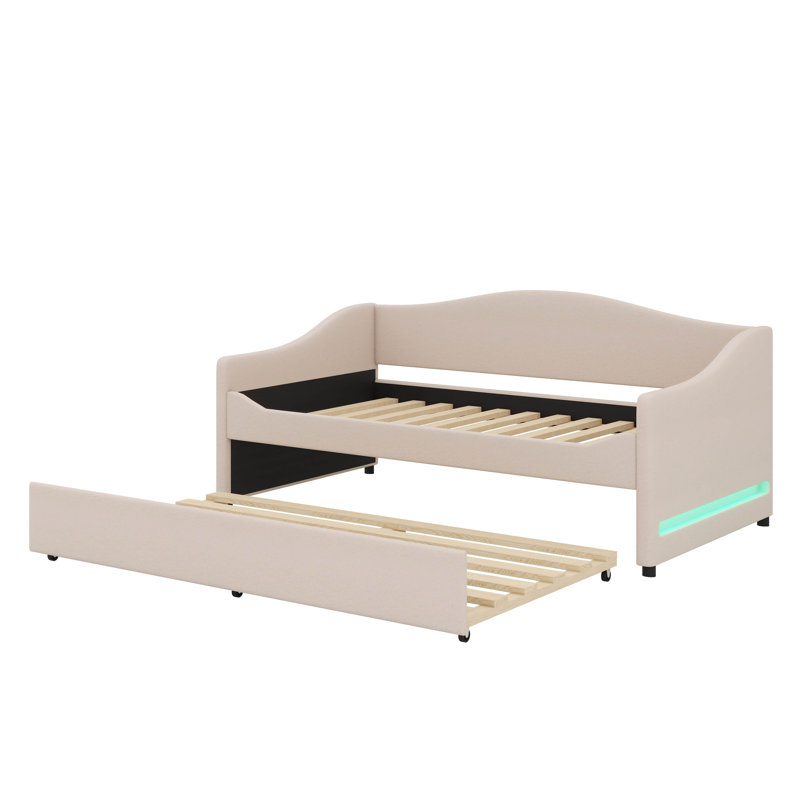 Lit de jour Teddy avec éclairage intégré et tablettes coulissantes, Beige, Lit simple
