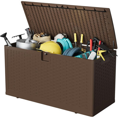 73 Gal Waterproof Resin Deck Box with Rattan Texture, Lockable UV-Resistant Storage for Patio, Garden & Indoor Use