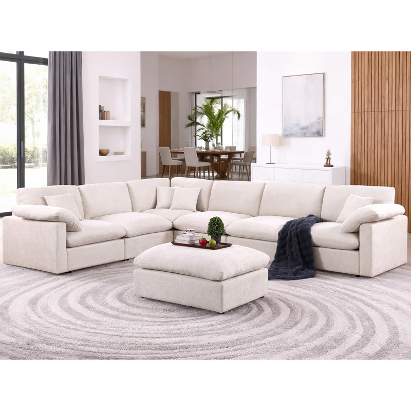 Oversized Corner Sectional Modular Sofa, Shariff Chenille Cloud Sectional Living Room Sets, Beige Chenille