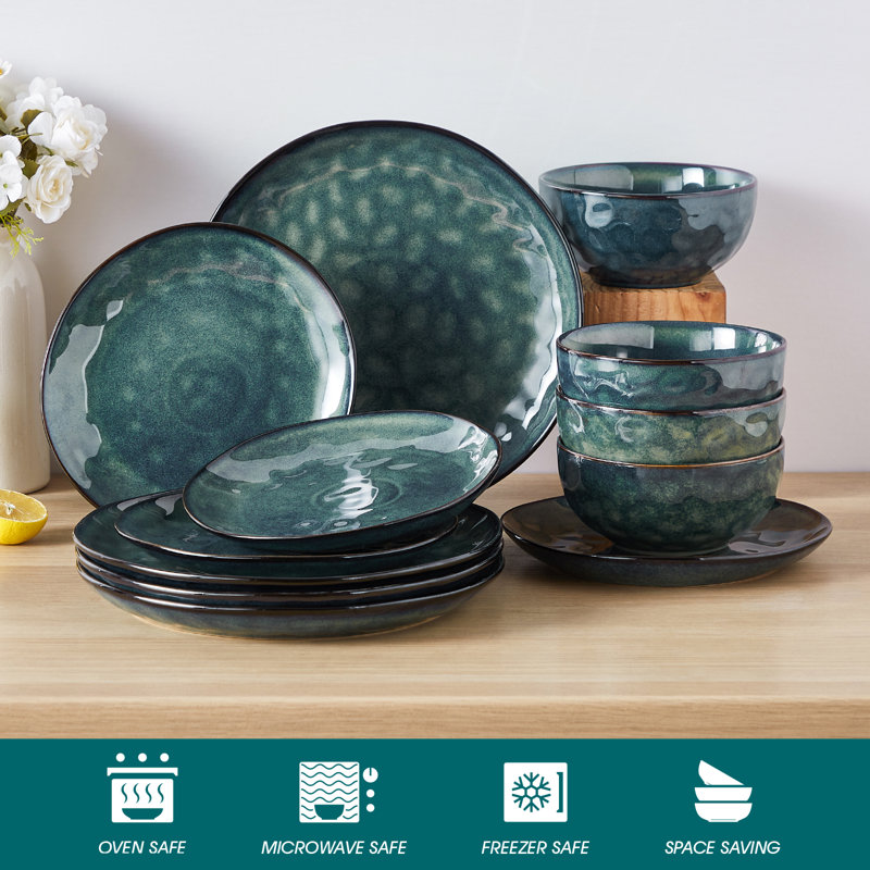 12 Pieces Dinnerware Set, Dinner Plate, Dessert Plate And Bowl Set For 4 Person, Ceramic Dinnerware, Green